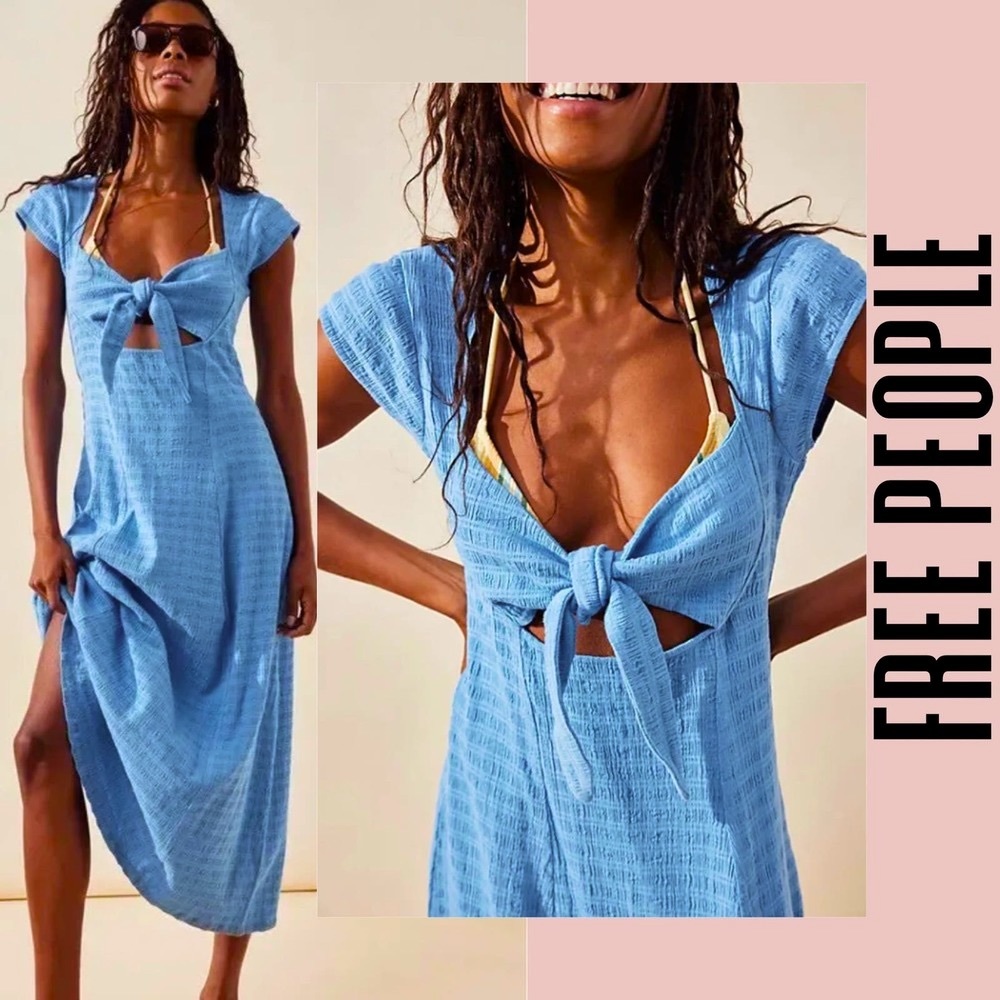 Free People dress midi maxi Medium blue front tie nalani cotton linen cutout